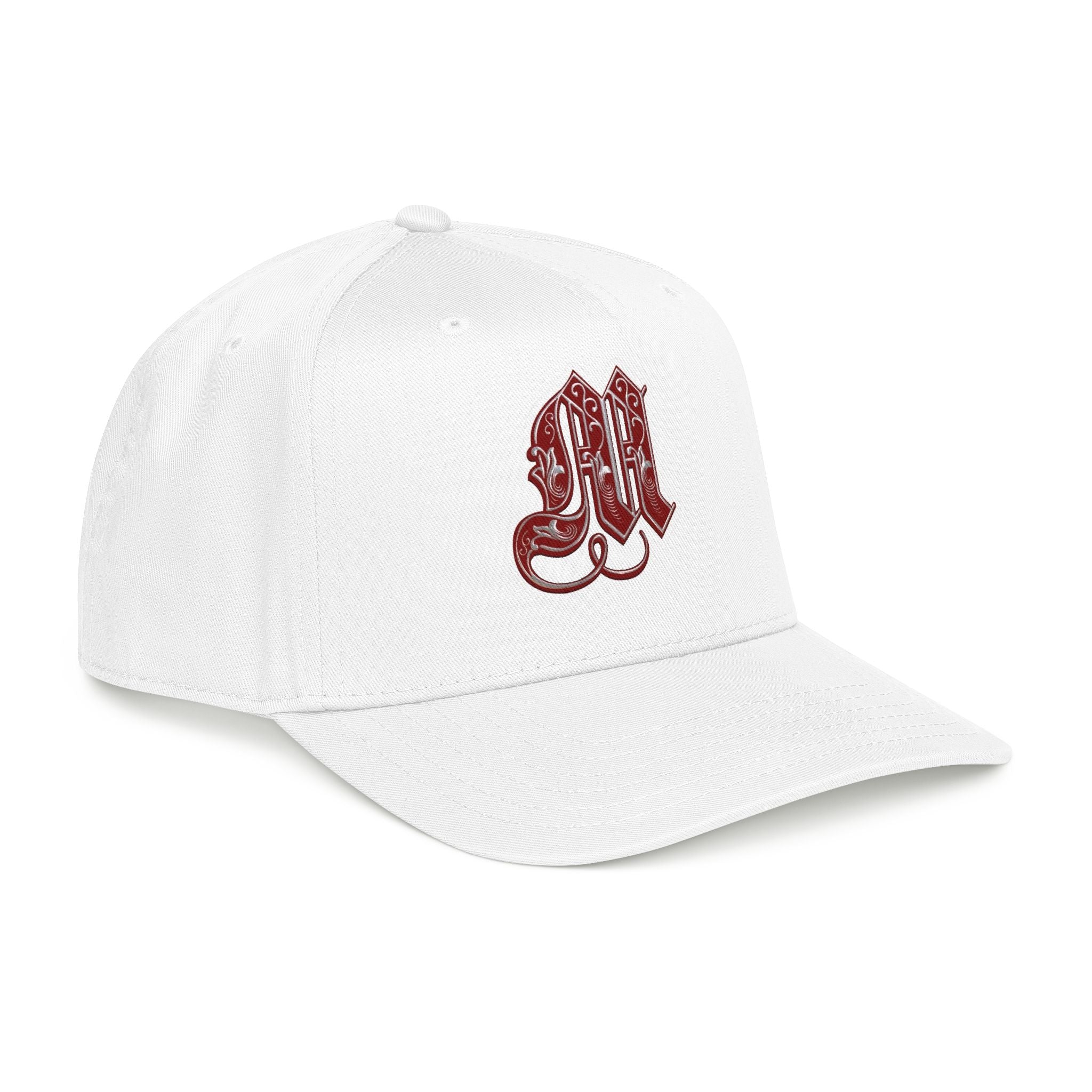 Embroidered Gothic 'M' Mid Profile Baseball Cap — White & Maroon