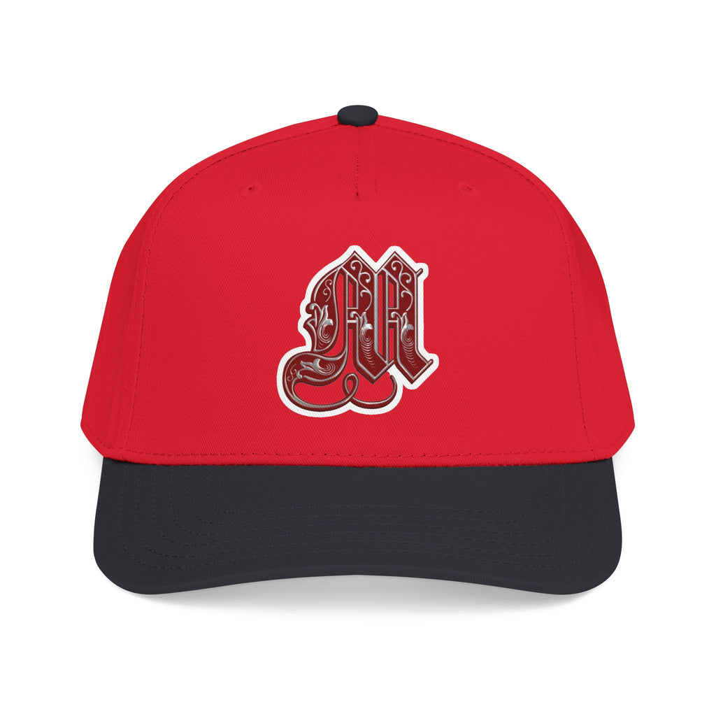 Embroidered Gothic 'M' Mid Profile Baseball Cap — White & Maroon
