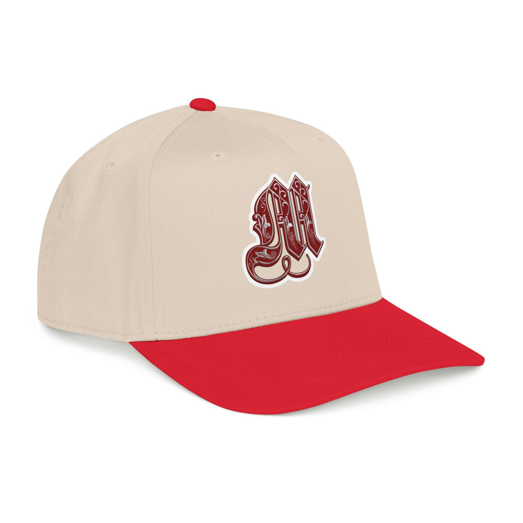 Embroidered Gothic 'M' Mid Profile Baseball Cap — White & Maroon