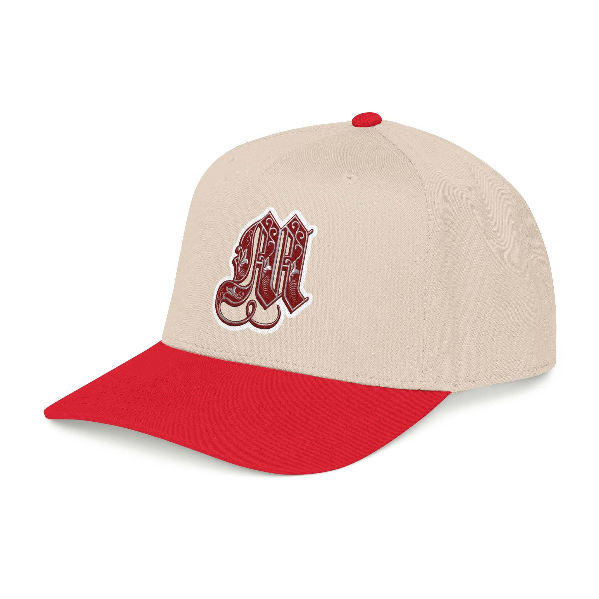 Embroidered Gothic 'M' Mid Profile Baseball Cap — White & Maroon