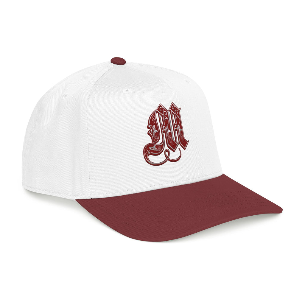 Embroidered Gothic 'M' Mid Profile Baseball Cap — White & Maroon