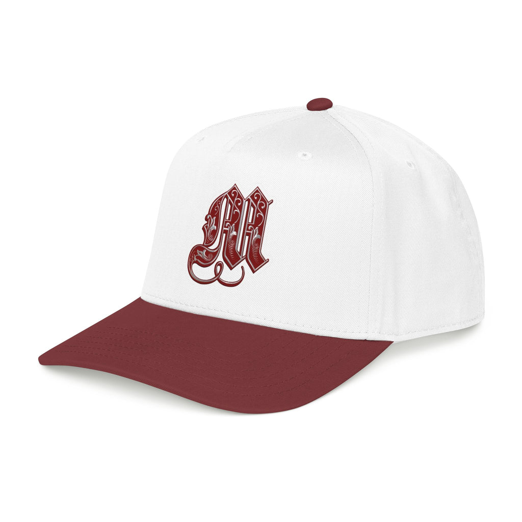 Embroidered Gothic 'M' Mid Profile Baseball Cap — White & Maroon