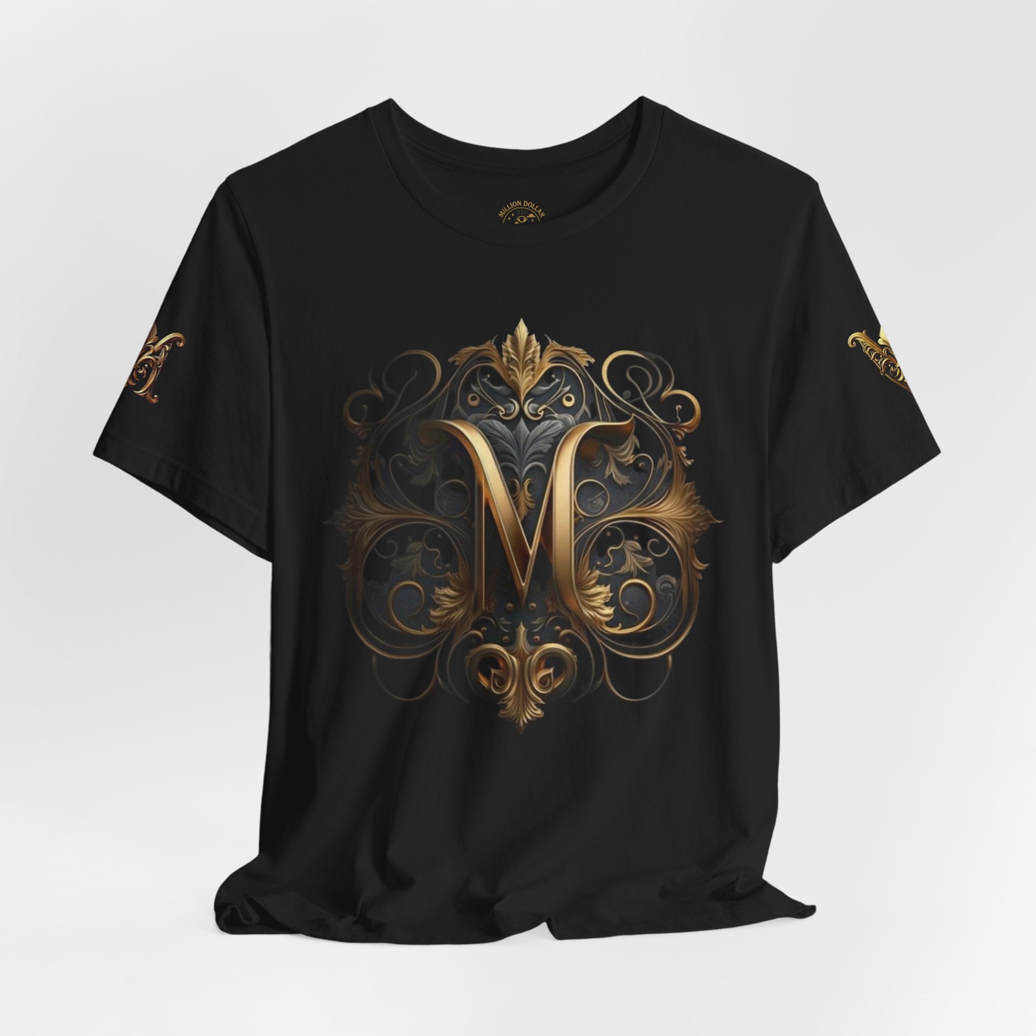 Ornate Gold Monogram 'M' T‑Shirt — Regal Vintage Initial Tee