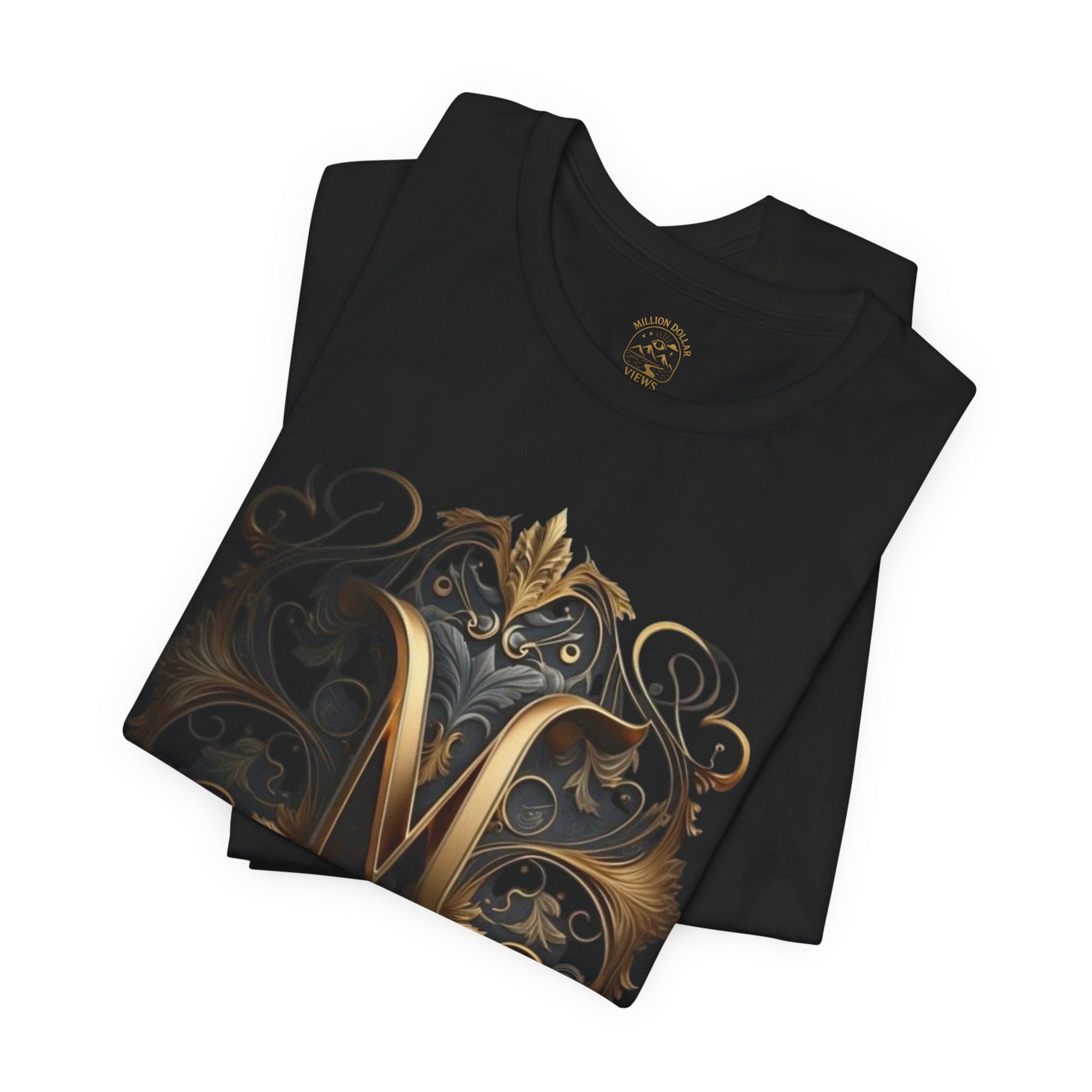 Ornate Gold Monogram 'M' T‑Shirt — Regal Vintage Initial Tee