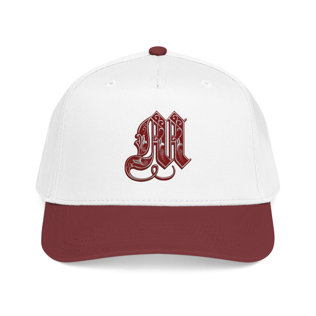 Embroidered Gothic 'M' Mid Profile Baseball Cap — White & Maroon