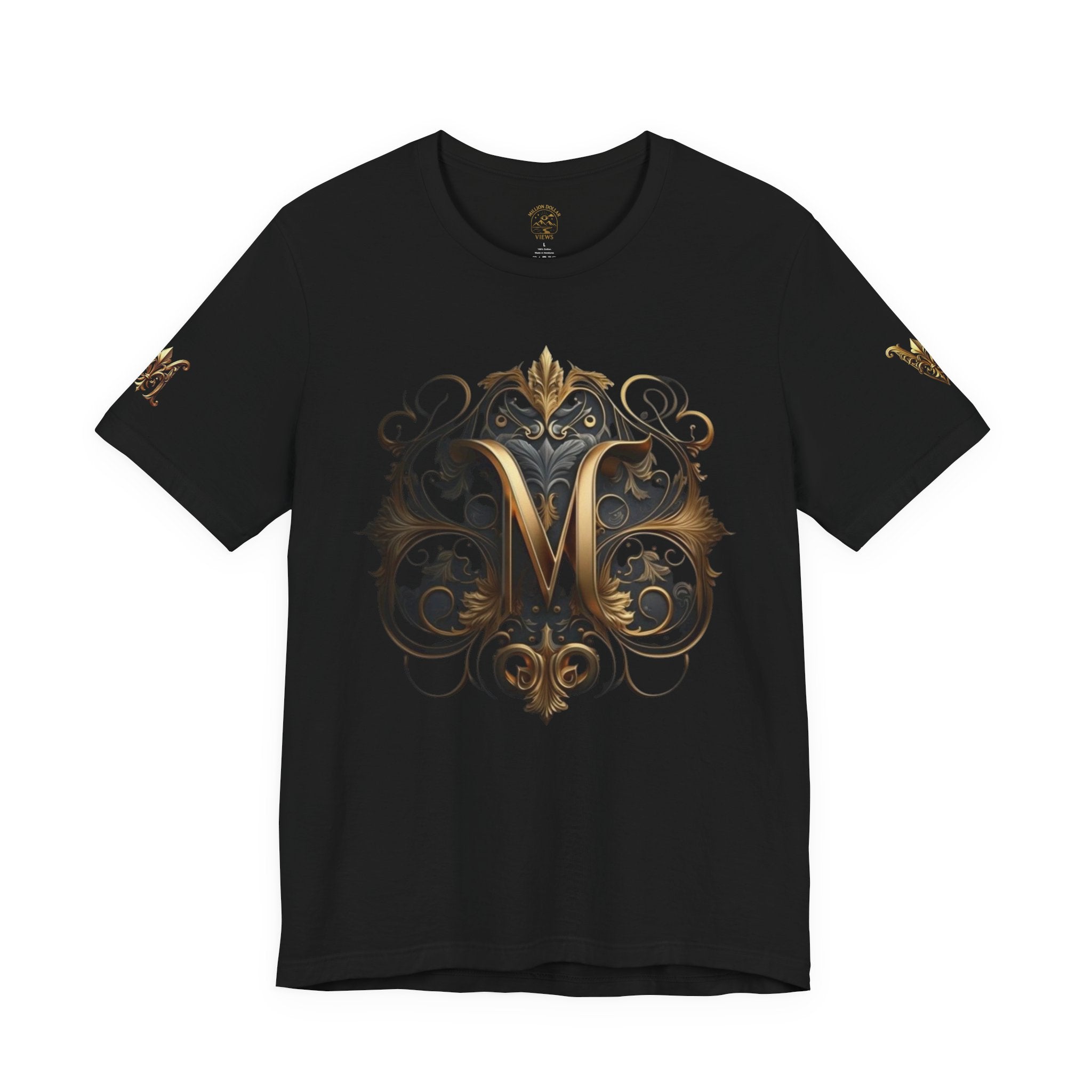 Ornate Gold Monogram 'M' T‑Shirt — Regal Vintage Initial Tee