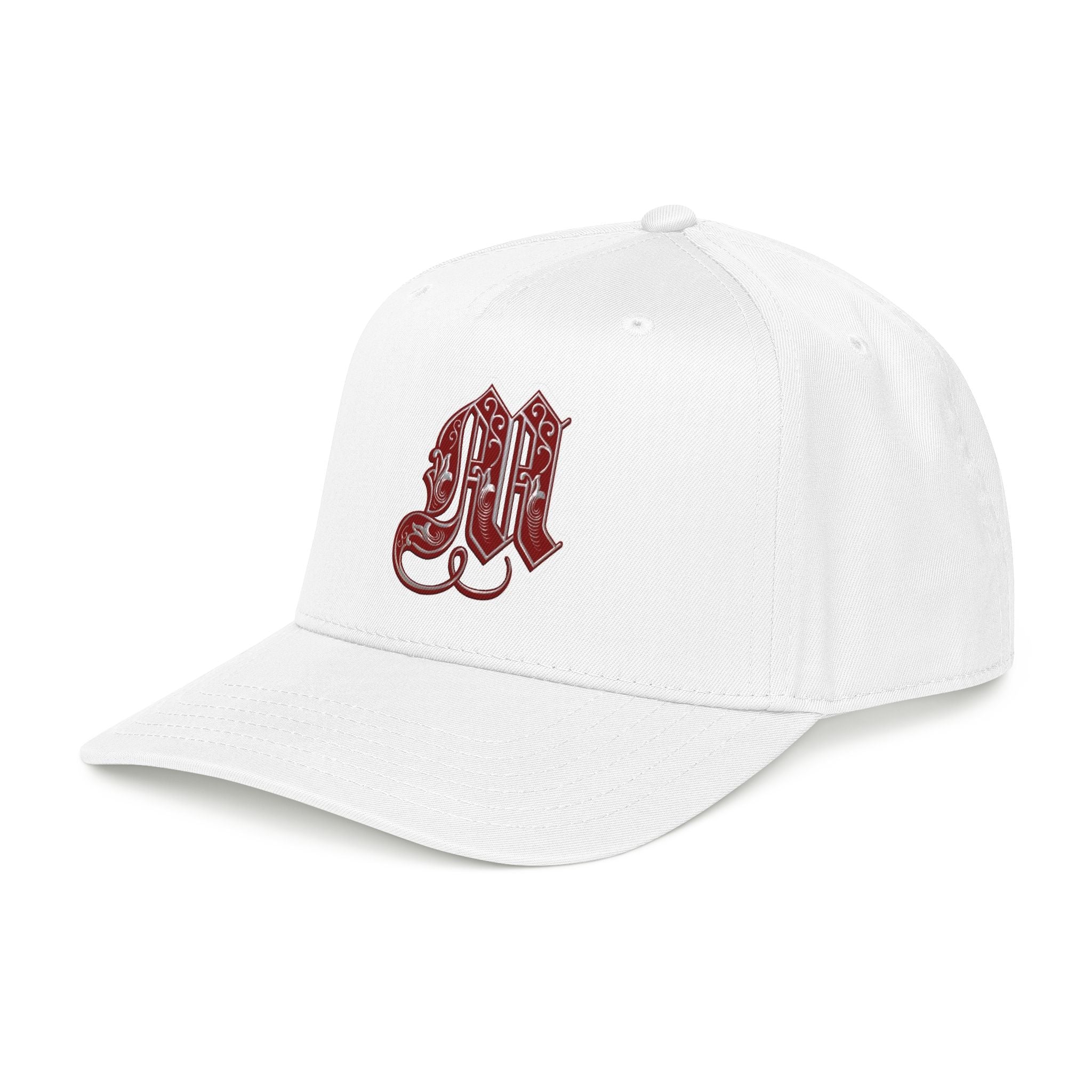 Embroidered Gothic 'M' Mid Profile Baseball Cap — White & Maroon