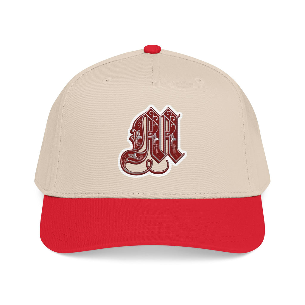 Embroidered Gothic 'M' Mid Profile Baseball Cap — White & Maroon
