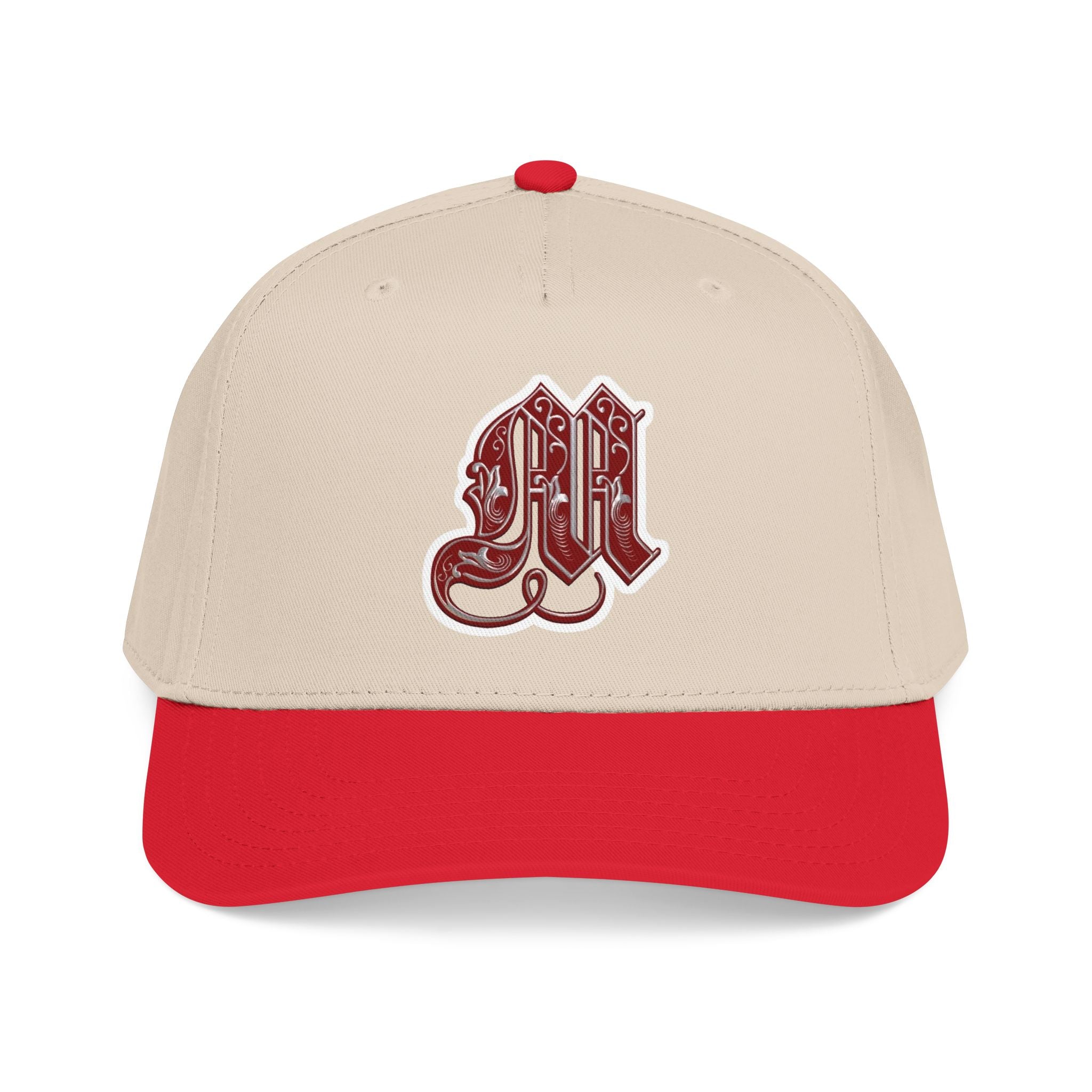Embroidered Gothic 'M' Mid Profile Baseball Cap — White & Maroon